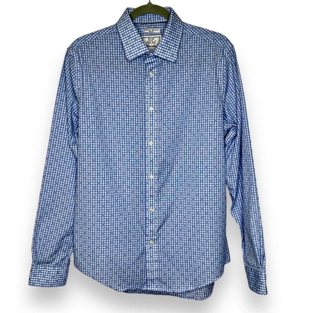 Jos A Bank Blue Textured Long Sleeve Button Front Shirt Men 15.5 - 35 Slim Fit